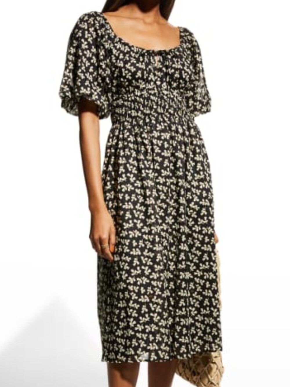 NWT $498 Tory Burch Smocked Midi Dress in Black Little Leaves M 100% cotton